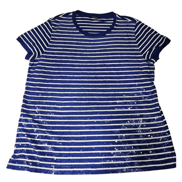 Ralph Lauren Lauren White Blue Sequined Striped Top Size - Picture 1 of 9